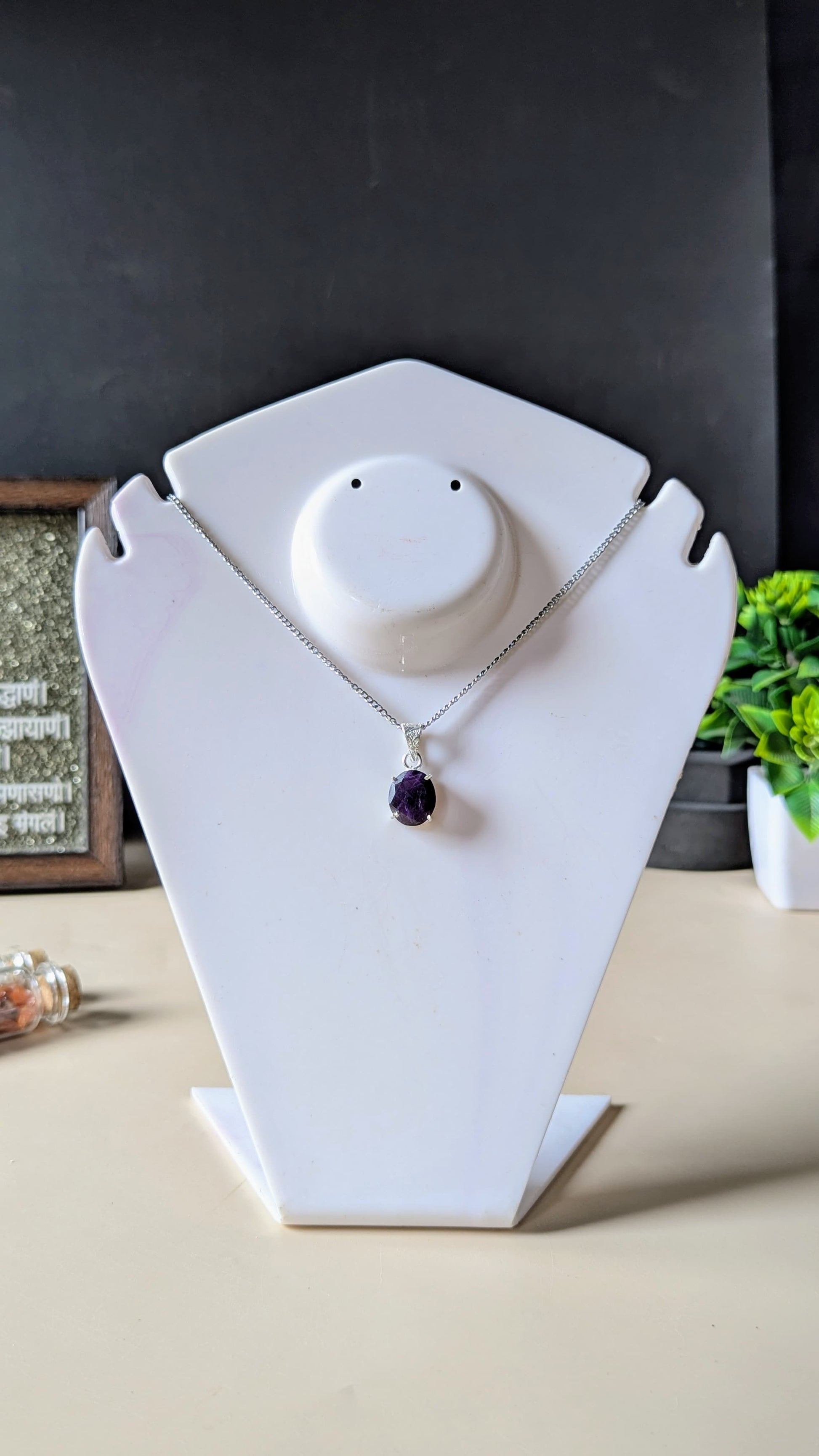 Gem quality anti tarnish Natural healing crystal Oval faceted pendant with rhodium polish-Amethyst-Maitri Export | Crystals Store