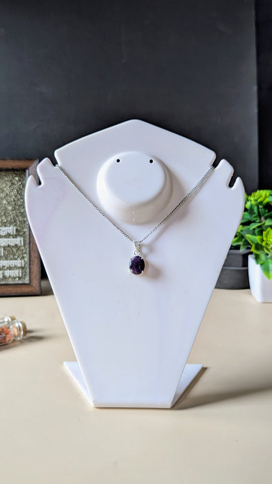 Gem quality anti tarnish Natural healing crystal Oval faceted pendant with rhodium polish-Amethyst-Maitri Export | Crystals Store