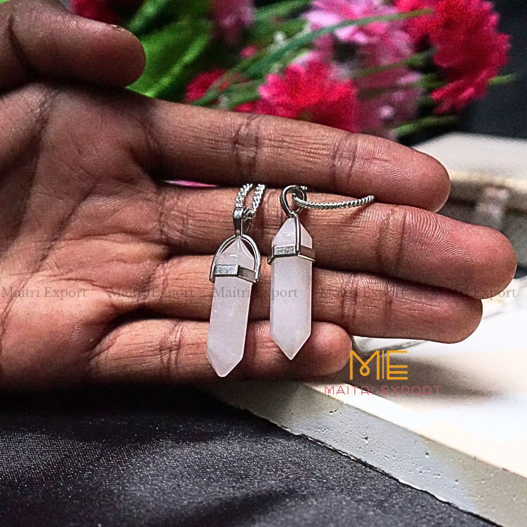Natural Crystal Stones double point Silver Cap pendant-Rose Quartz-Maitri Export | Crystals Store