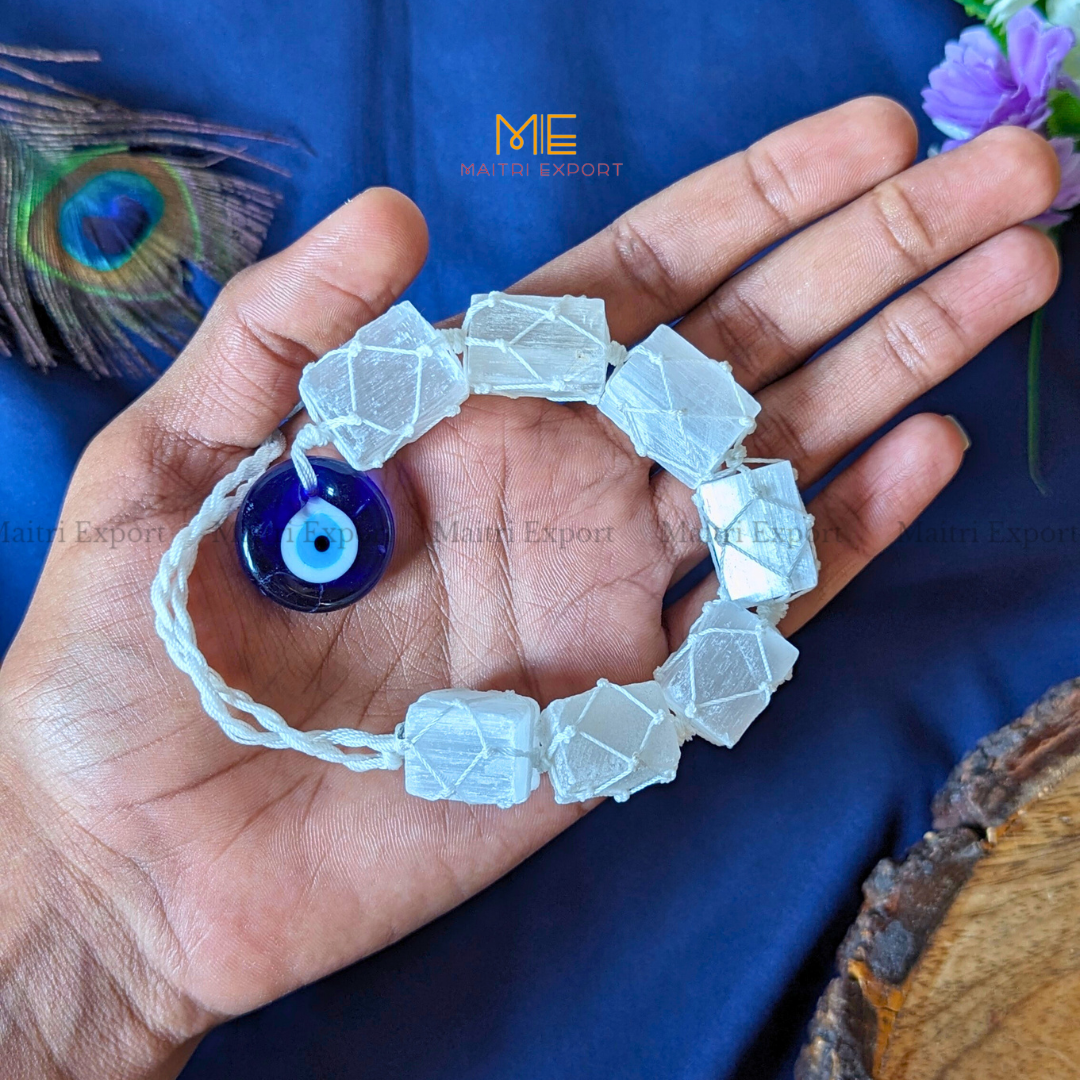 Selenite / Tourmaline Evil Eye Hanger-Selenite-7 Beads-Maitri Export | Crystals Store