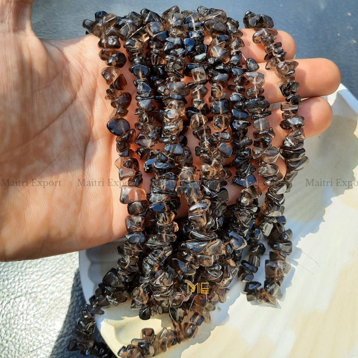 Crystal chips beads mala for bracelet / jewellery making ( 6 to 8 mm )-Smokey Quartz-Maitri Export | Crystals Store
