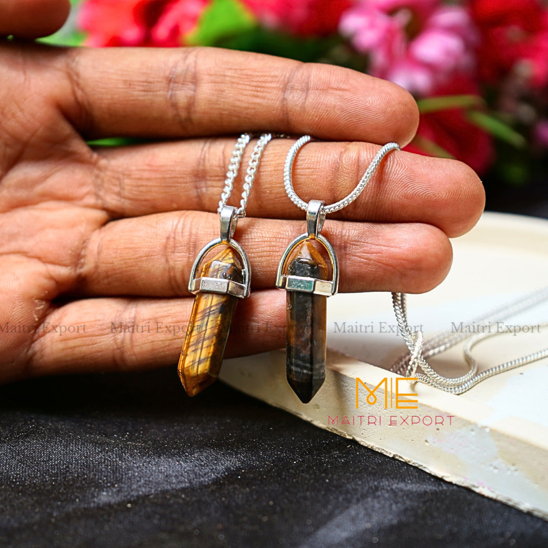 Natural Crystal Stones double point Silver Cap pendant-Tiger Eye-Maitri Export | Crystals Store
