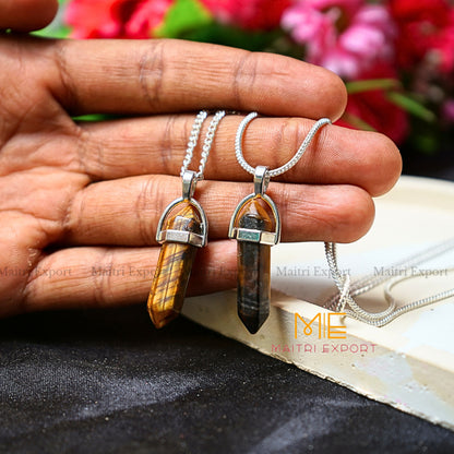 Natural Crystal Stones double point Silver Cap pendant-Tiger Eye-Maitri Export | Crystals Store