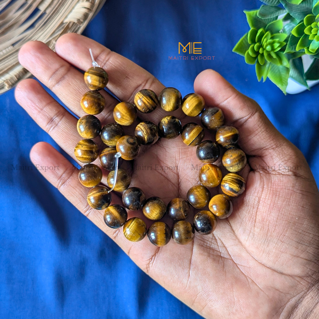 12mm natural crystal healing stone loose beads line ( 28-30 beads per line )-Tiger eye-Maitri Export | Crystals Store