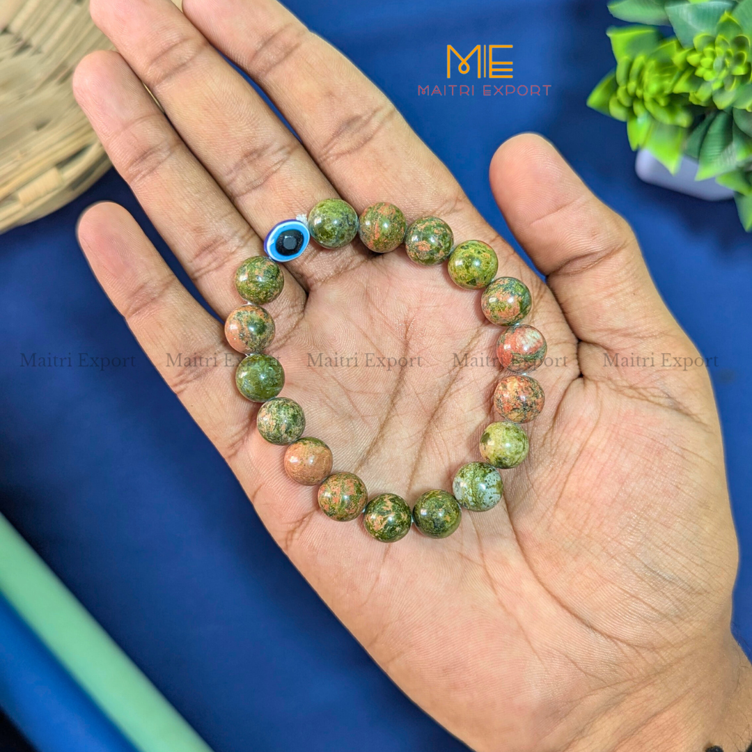 10mm Round beads Healing Crystals with Evil Eye Bracelet-Unakite-Maitri Export | Crystals Store
